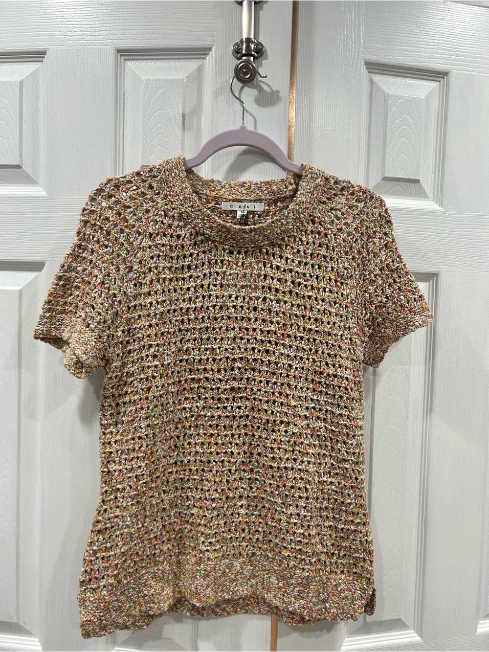 CAbi 100% cotton Multicolor Open-Knit Short Sleeve Sweater Tee - Pink/Gold/Green